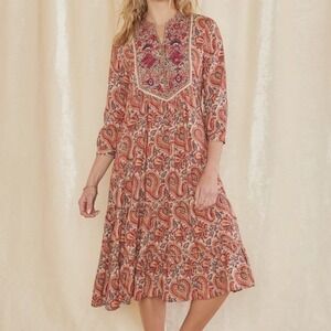 RAGA Naya Midi Maxi Dress Boho Embroidered Bib Paisley Tiered Medium NWT $298